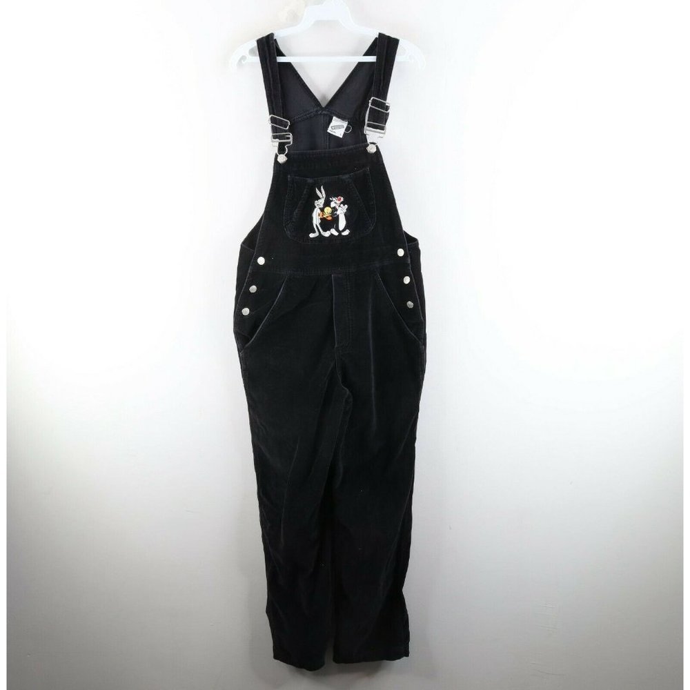 Vintage 90s Warner Bros Small Velour Bugs Bunny Tweety Bird Overalls Black